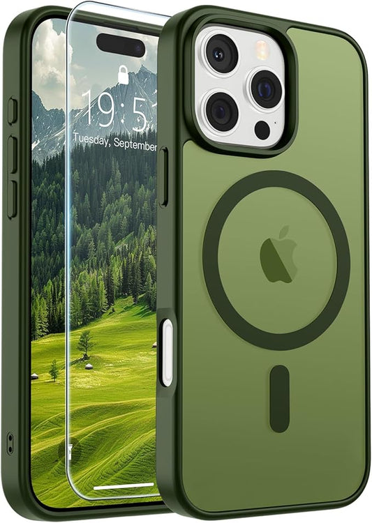 SUPFINE Magnetic for iPhone 16 Pro Max Case (Compatible with MagSafe) (Military Grade Drop Protection) Slim Translucent Matte Shockproof with Anti-Fingerprint Phone Case, Cangling Green