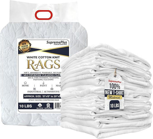Premium New White Cotton Knit T-Shirt Rags (10 lbs. Bag of Rags) - Lint-Free, Soft & Absorbent Cleaning Cloths for Auto, Paint, Garage, Staining & Polishing