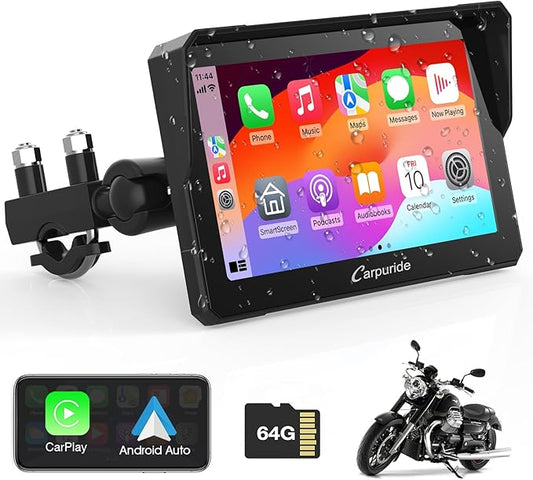 Carpuride W702 for Motorcycle, 7 inch Waterproof Touchscreen, Portable Carplay/Android Auto GPS Navigation for Motorbike, Support Dual Bluetooth, Car GPS, Siri, G00gle Assistant, TF-64G