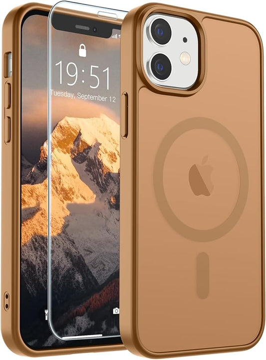SUPFINE Magnetic for iPhone 12 Mini Case & iPhone 13 Mini Case (Compatible with MagSafe) (Military Grade Drop Protection) Slim Translucent Matte Shockproof Phone Cover,Brown