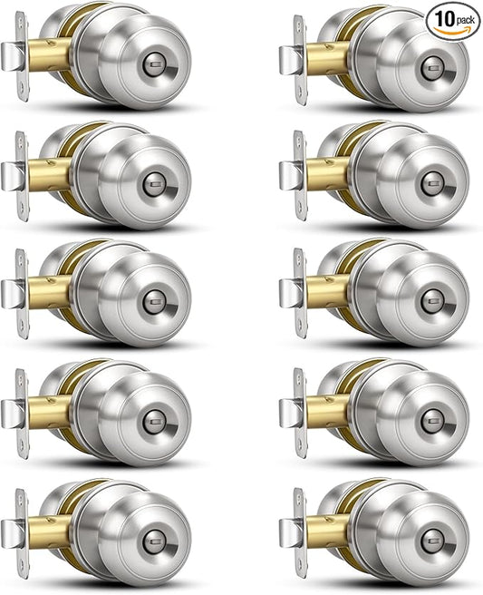 Plustool 10 Pack Brushed Nickel Door Knobs,Privacy Door Knob with Lock, Interior Doorknobs Silver, Keyless Door Locks Set for Bedrooms Bathrooms, Reversible for Left/Right Door Handle