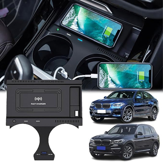 Wireless Car Charger for BMW 2018-2024 X3/X4, 2019-2024 X3M/X4M, 2021-2024 iX3 with 27W USB & Type-C Center Console Accessory Panel, Fast Charger for i-Phone Sam-Sung