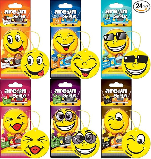 AREON Smile Air freshener Hanging Assorted Scents, Best Odor Eliminator, Odd Gifts, Paper Hanging Ornaments, Long Lasting Scent for Car or Home -24 Pack