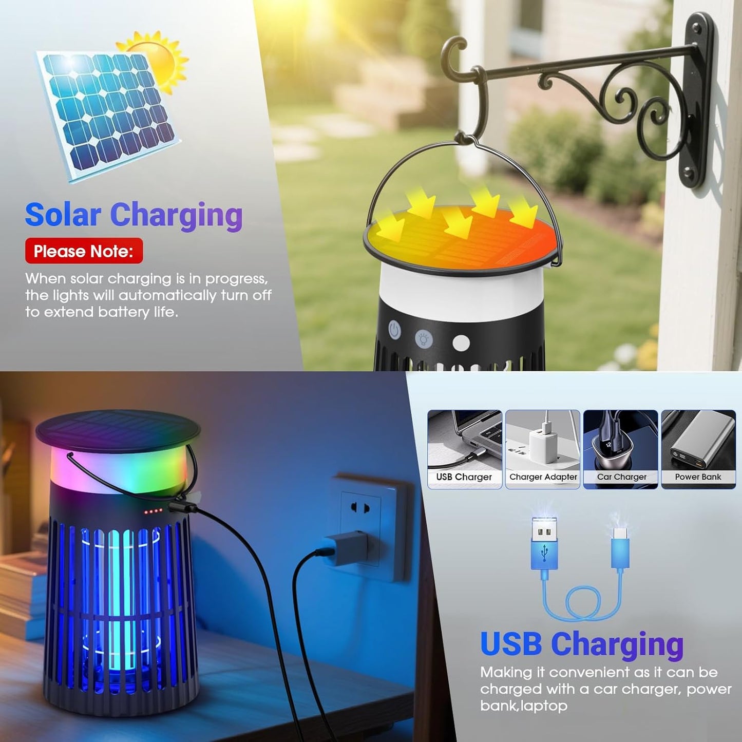 Solar Bug Zapper Outdoor, Portable Electric Mosquito Killer with Panel Sensor, Rechargeable Insect Trap with LED Night Light and Flame Effect, Ideal for Outside Patio, Backyard, and Camping (1 Pack)