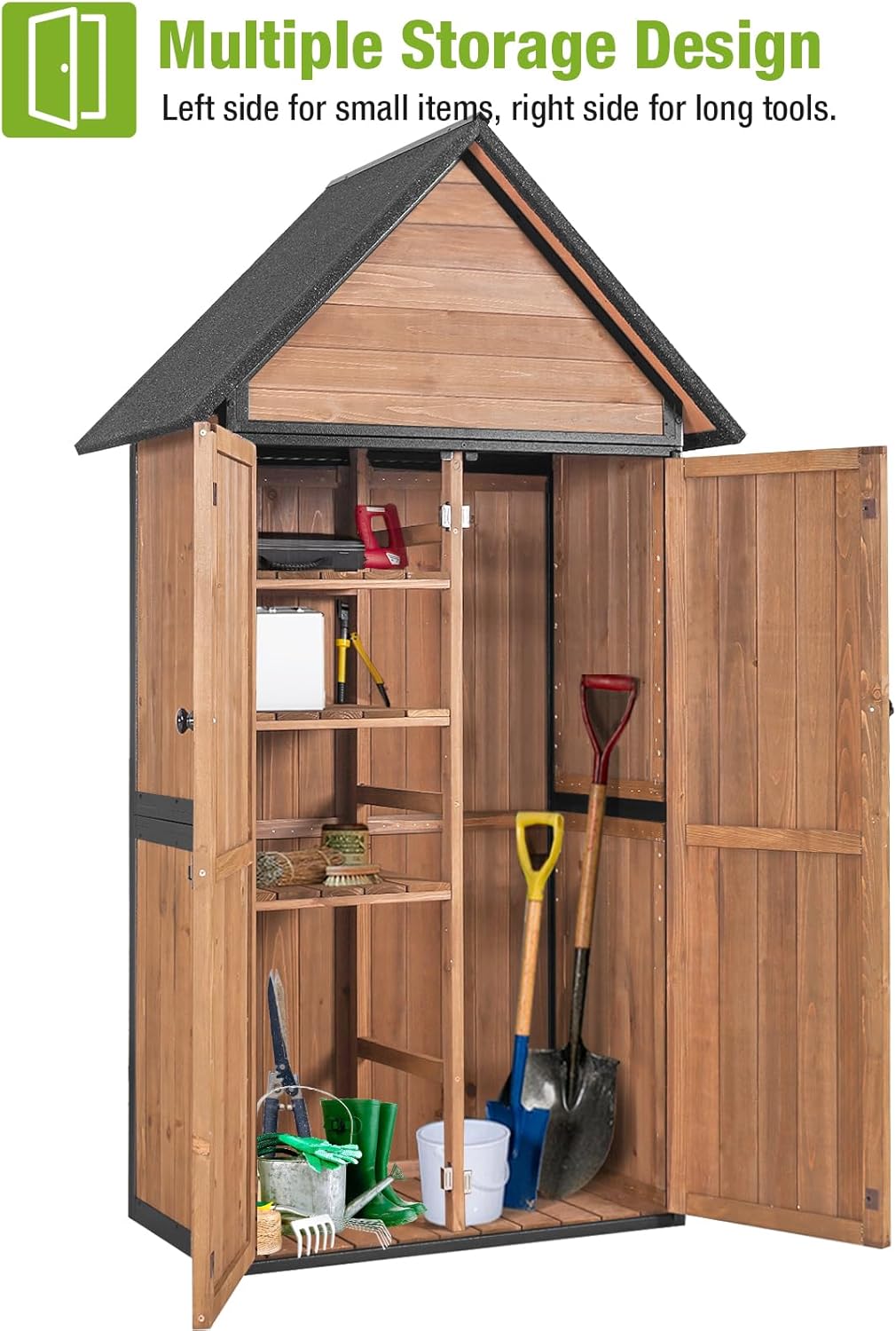 GUTINNEEN Sheds Outdoor Storage Wooden Garden Tool Shed with Metal Frame Sloped Roof and Adjustable 3 Tiers Shelves Outdoor Storage Cabinet for Backyard Garden Patio Lawn 67.1"(Brown)
