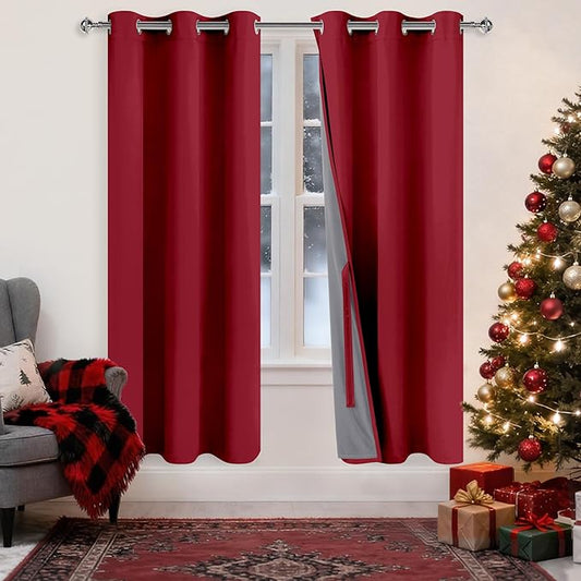 XWZO 100% Blackout Curtains 72 Inches Long - Double Layer Full Room Darkening & Energy Efficiency Grommet Window Panels with Tiebacks, Christmas Red, W38 x L72, Set of 2