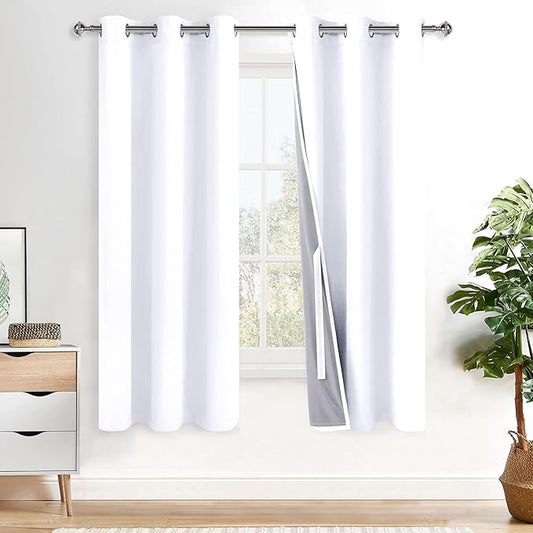 XWZO White 100% Blackout Curtains - Heat and Full Light Blocking Drapes with Black Liner for Bedroom/Laundry Room, Grommet Top Window Panels with Tiebacks, White, W42 x L63, Set of 2
