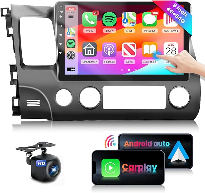 4G 64G Car Stereo for Honda Civic 2006-2011 Radio with 10.1inch 1280x720 IPS Touch Screen AI Radio DSP 36EQ Wireless Carplay Android Auto Bluetooth 5.0 GPS FM/RDS WiFi MirrorLink AHD Backup Camera