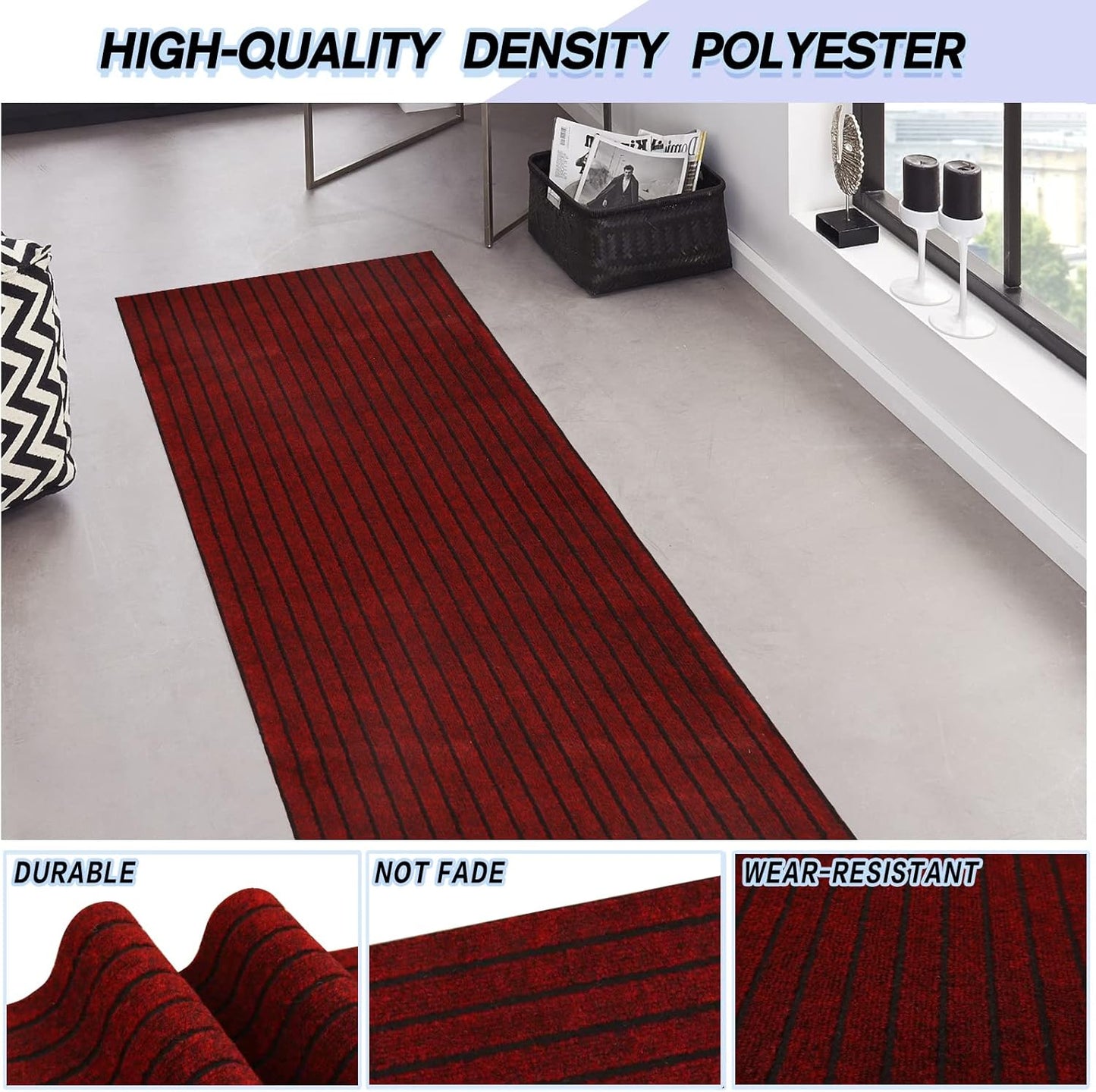 Custom Size Backed Non-Slip Area Rugs Runner, Easy Clean, Waterproof Runner Rugs for Hallway Entryway, Kitchen, Laundry, 4FT x 80FT, Red Stripe