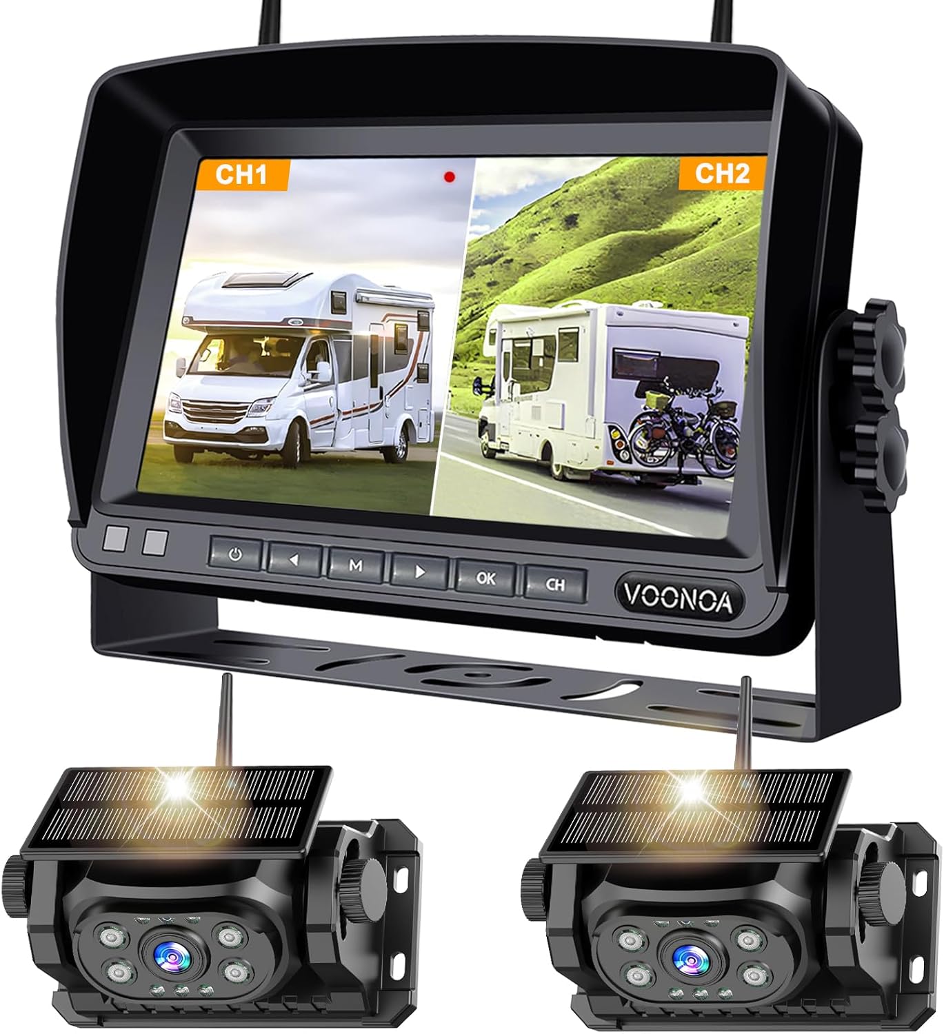 2 Magnetic Wireless Backup Camera with 7'' HD 1080P DVR Monitor System, 9600mAh Rechargeable Waterproof Dual Solar Reverse Camera for Hitch Towing Car Trailer Truck RV VN007