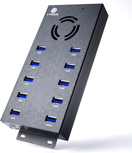 USB 3 0 Hub - 10 Ports Powered USB Hub - Charging & High-Speed Data Transfer USB Expander Hub - up to 5Gbps High-Speed USB Splitter - Aluminum Alloy Multiple USB Port Hub for Laptop Phone Tablet PC