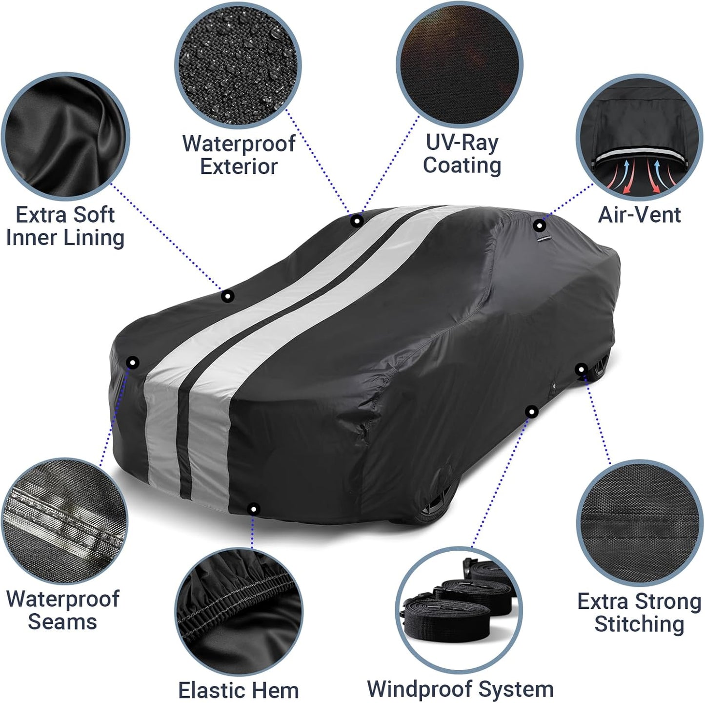 iCarCover Custom Car Cover for Chevy Spark (2012-2022) Waterproof All Weather Rain Snow UV Sun Protector Full Exterior Indoor Outdoor Car Cover (Stripe - Black/Gray)