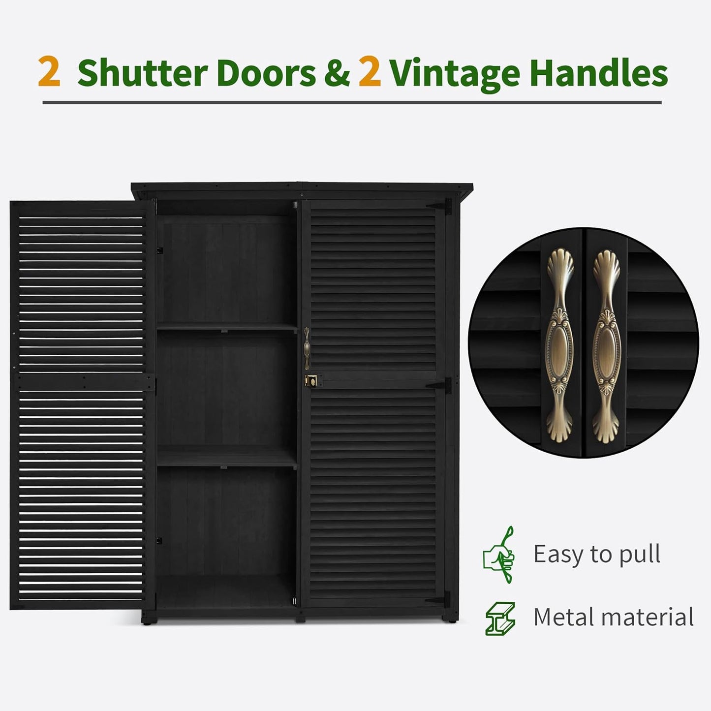 MCombo Outdoor Storage Cabinet, Wooden Storage Shed with Latch, Outside Garden Tool Shed with 2 Doors for Patio Yard Lawn, 1900 (Black, Large)