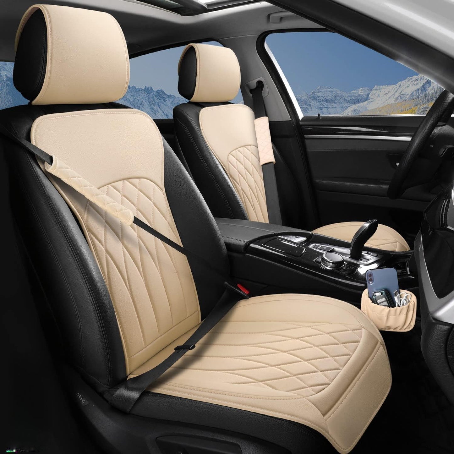 2 Pack Leather Front Car Seat Covers, Universal Sideless Car Seat Protectors with Storage Pocket and Seat Belt Pads, Waterproof Automotive Seat Cover for Cars Trucks SUV(Beige)