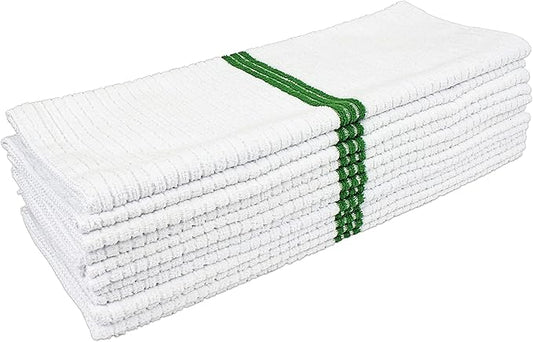 Nouvelle Legende Ribbed Microfiber Bar Mop Towels, Super Absorbent, Cleaning & Drying Cloths, Lint-Free, Streak-Free for Kitchen, Home & Auto, 14x18 Inch, 12-Pack, Green Stripe