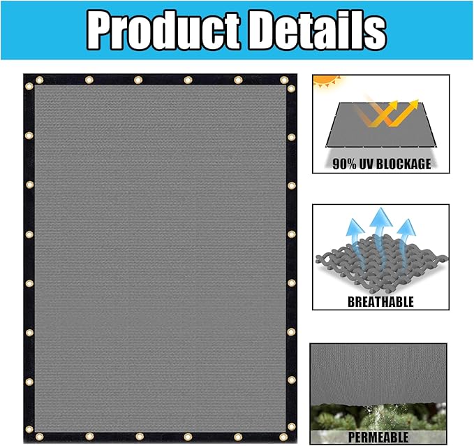 Amagenix 90% Shade Fabric 13'X 13' Gray Sun Shade Cloth with Grommets for Pergola Replacement Shade Cover Canopy, Heavy Duty, Cable Zip Ties Included (We Customized)