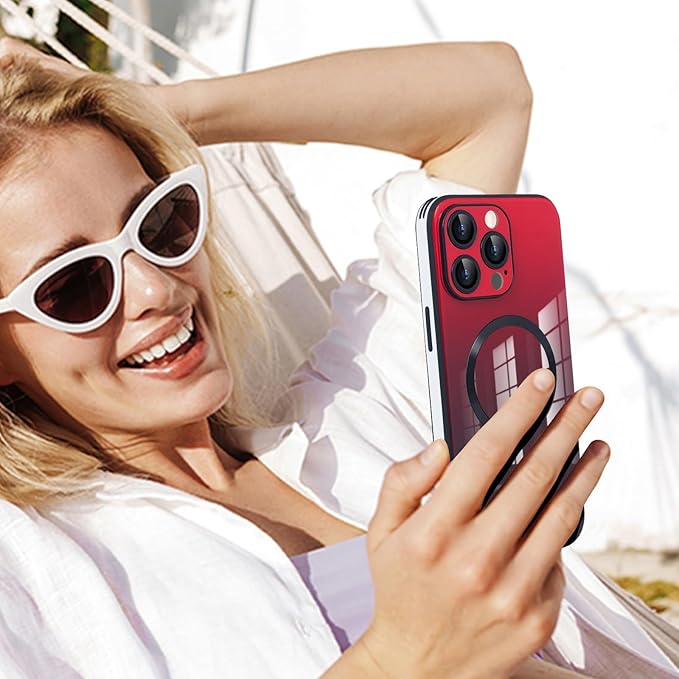 Guppy Compatible with iPhone 13 Pro Max Case Magnetic, with Full Camera Lens Protector [Compatible with MagSafe] Scratch Resistant Gradient Glass Back Cover Phone Case-Red