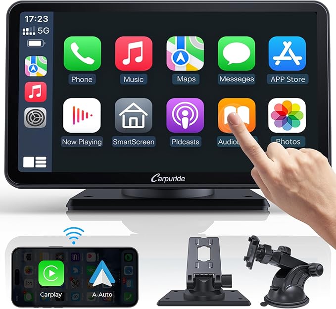 Carpuride Portable Wireless CarPlay Screen for Car- 7 Inch Car Play Screen Compatible with Android Auto and Apple CarPlay - Multimedia Player, Bluetooth, Navigation Screen for All Vehicles