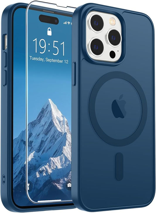 SUPFINE Magnetic for iPhone 14 Pro Max Case with Screen Protector (Compatible with MagSafe) (Military Grade Drop Protection) Translucent Matte Shockproof with Anti-Fingerprint Phone Case,Deep Blue