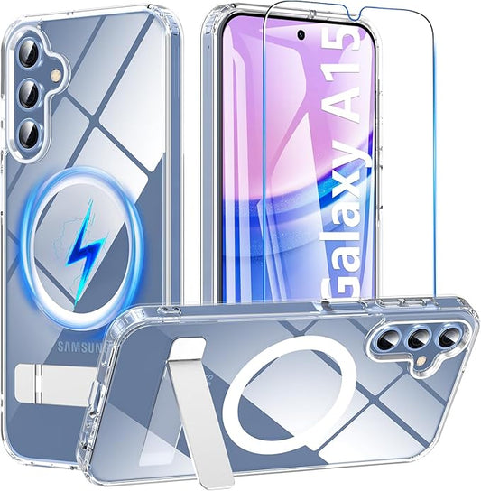 OWKEY for Samsung Galaxy A15 5G Phone Case with Screen Protector & Stand, Magnetic Case for Magsafe Military-Grade Protection Shockproof Matte Cover for Samsung Galaxy A15 5G (Clear)