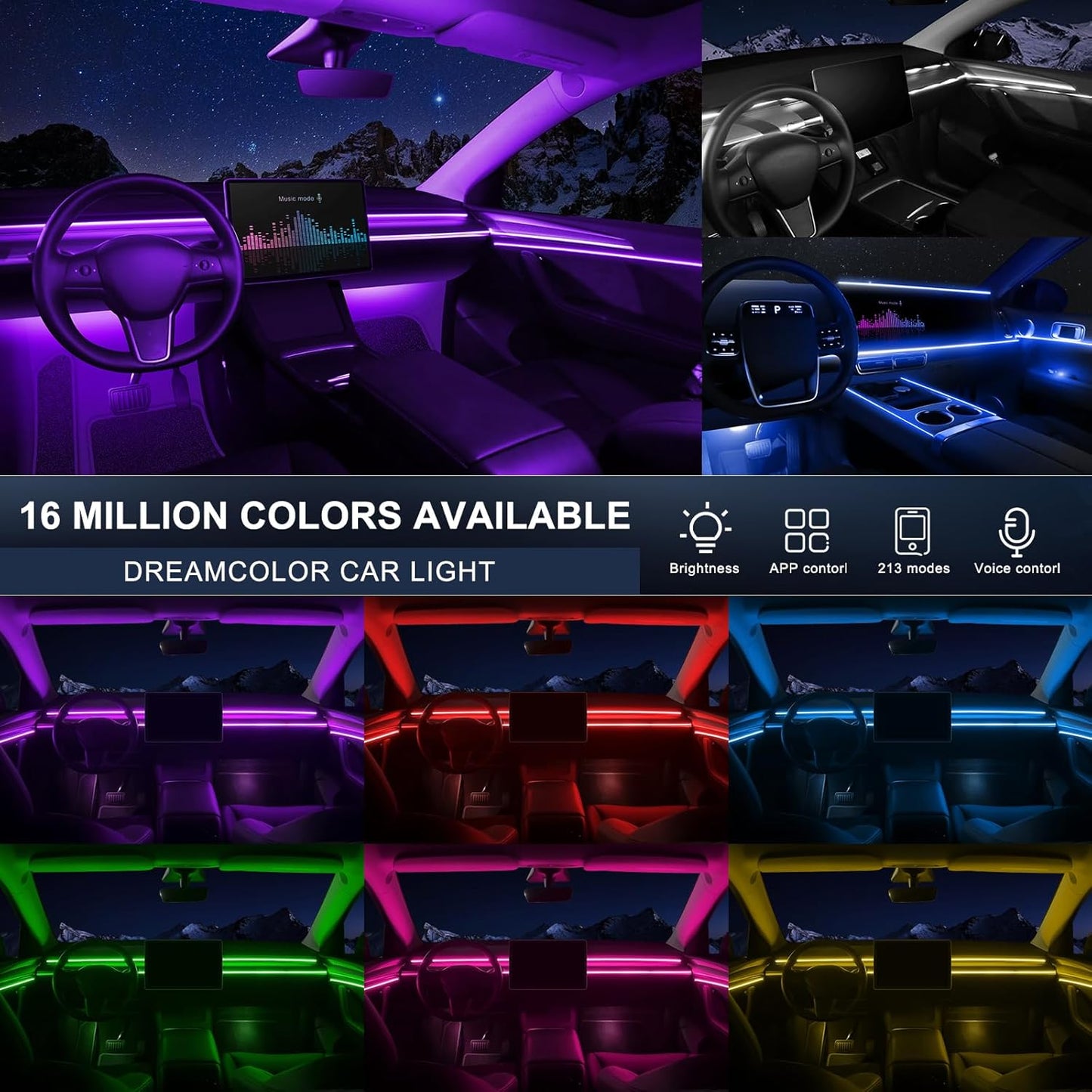 Acrylic Interior Car LED Strip Light with Wireless APP, RGB 10 in 1 with 175 inches 600 LEDs Fiber Optic Car Ambient Lighting Kits, 16 Million Colors Sound Active Function LED Strip for Car