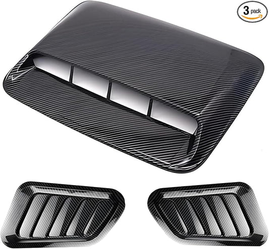 Universal Car Hood Scoop Cover with Side Air Vents, Black, Decorative Hood Air Flow Intake, 3-Piece Set with Mounting Tape (Carbon pattern)
