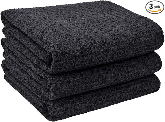VIVOTE Microfiber Kitchen Dish Towels Waffle Weave Super Soft & Absorbent Tea Towels, Dish Cloths for Kitchen 3 Pack Black 16 x 22 Inch