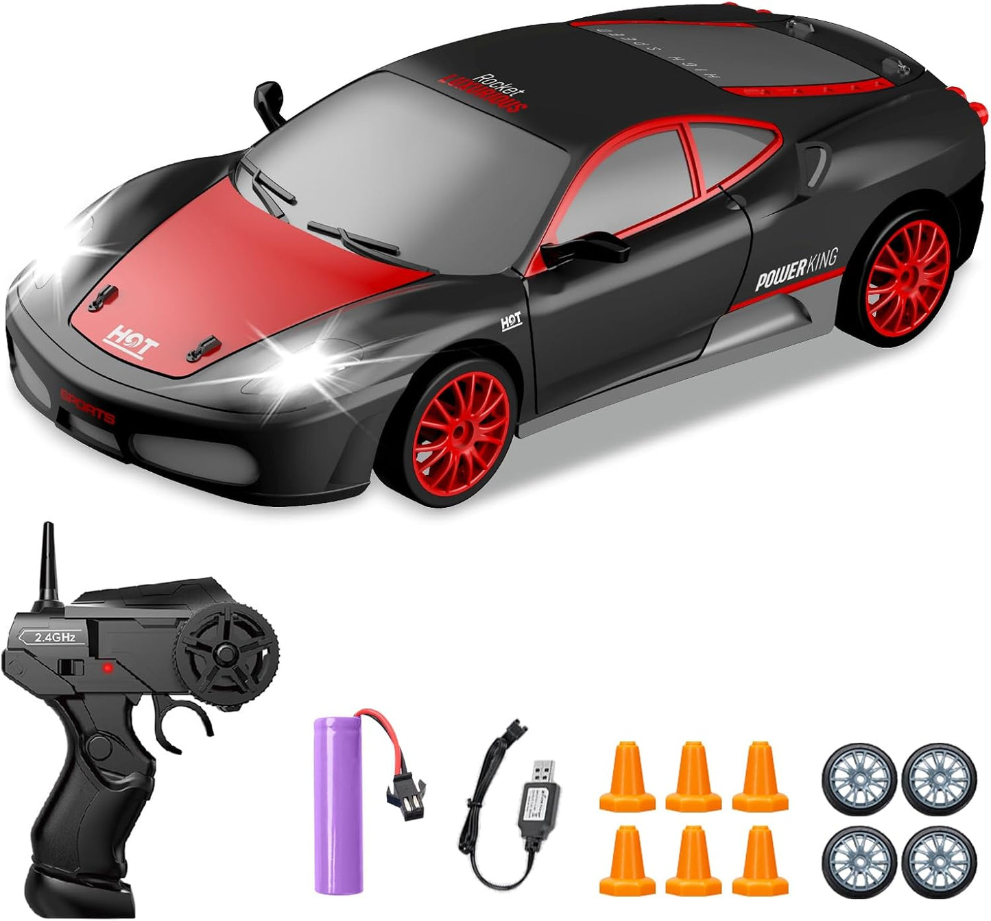 RC Drift Cars, 2.4Ghz 1:24 Remote Control Car 4WD High Speed Drifting RC Car with LED Light and Drift Tires Racing Toy Cars for Kids Boys Girls Adults(Black)