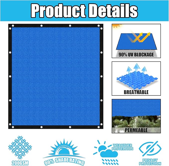 Amagenix 90% Pergola Shade Cover 6' X 15' Sun Shade Cloth with Grommets for Outdoor Garden Patio Porch, Commercial Grade 200 GSM - Cable Zip Ties Included (We Customized) GN108, Blue