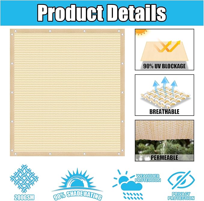 Amagenix 90% Pergola Shade Cover 5' X 7' Sun Shade Cloth with Grommets for Outdoor Garden Patio Porch, Commercial Grade 200 GSM - Cable Zip Ties Included (We Customized) GN108, Wheat