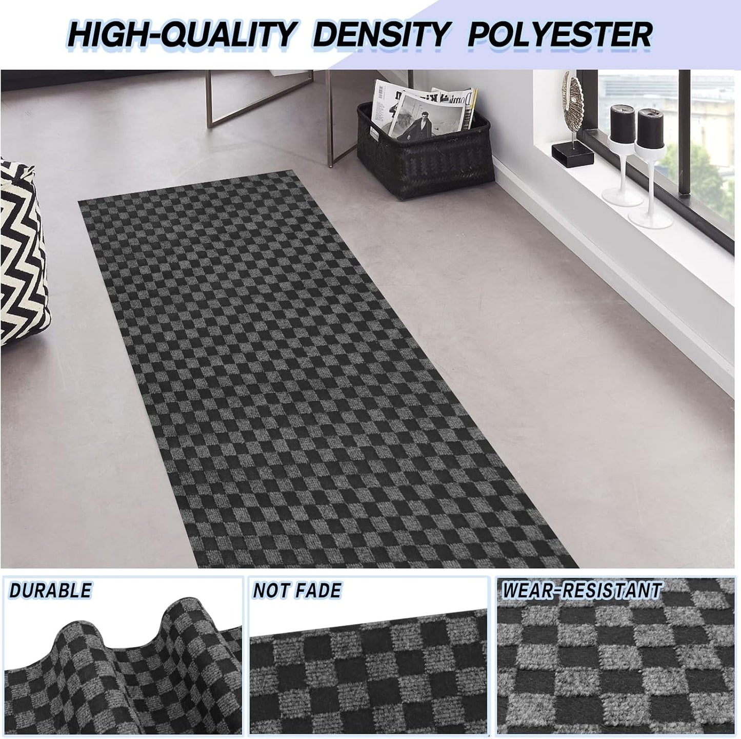 Custom Size Backed Non-Slip Area Rugs Runner, Easy Clean, Waterproof Runner Rugs for Hallway Entryway, Kitchen, Laundry, 2FT x 58FT, Gray Checkered