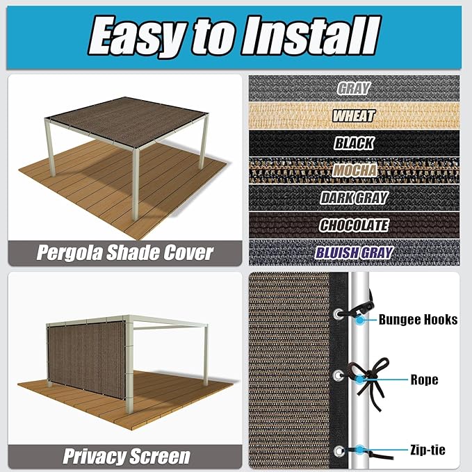 Amagenix 90% Sun Shade Cloth with Grommets, 8' x 12' Pergola Replacement Shade Cover Canopy Privacy Screen for Outdoor Patio Garden, Mocha (We Customized)
