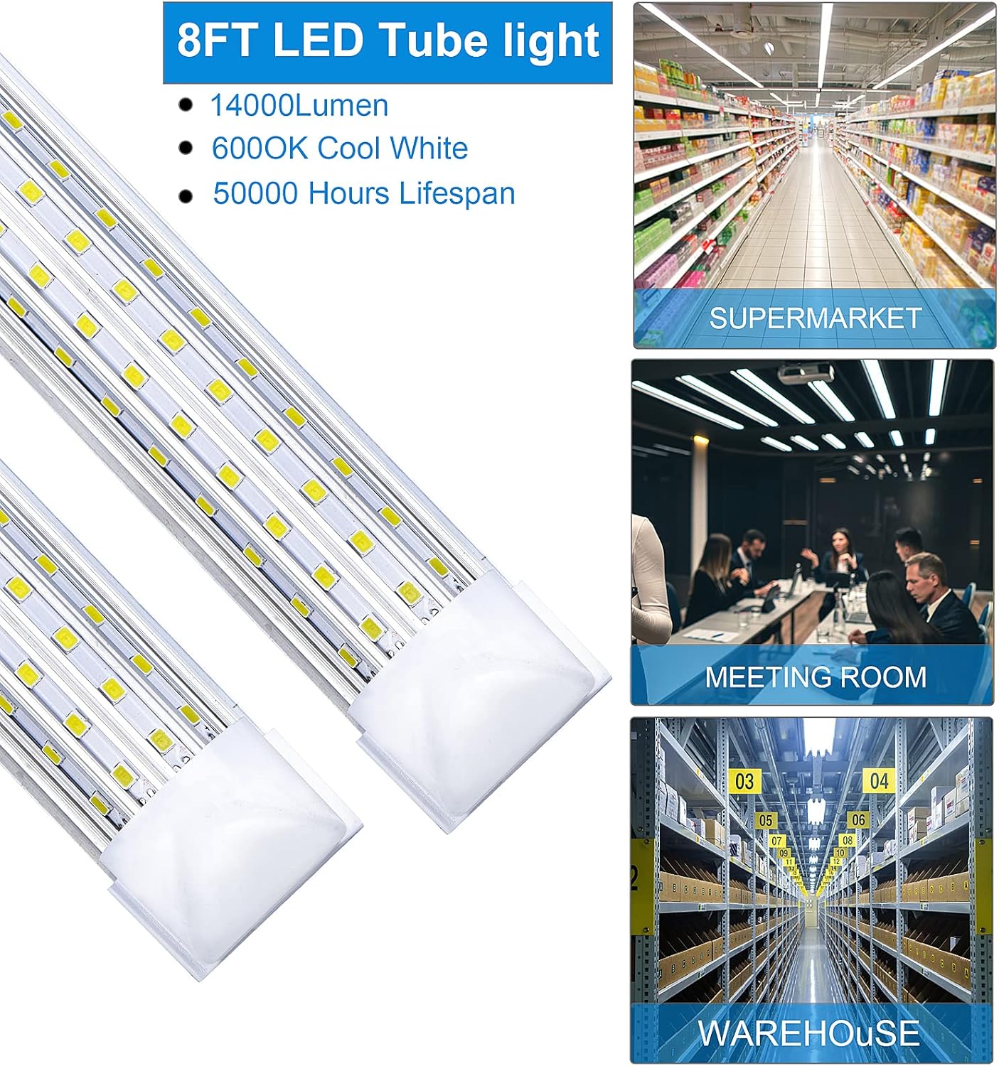 20 Pack, 8FT LED Shop Light Fixture, 144W 15500LM 6000K Cool White,High Output Linkable Tube Light, 4 Sided U Shape T8 8 Foot LED Shop Lights for Garage, Warehouse