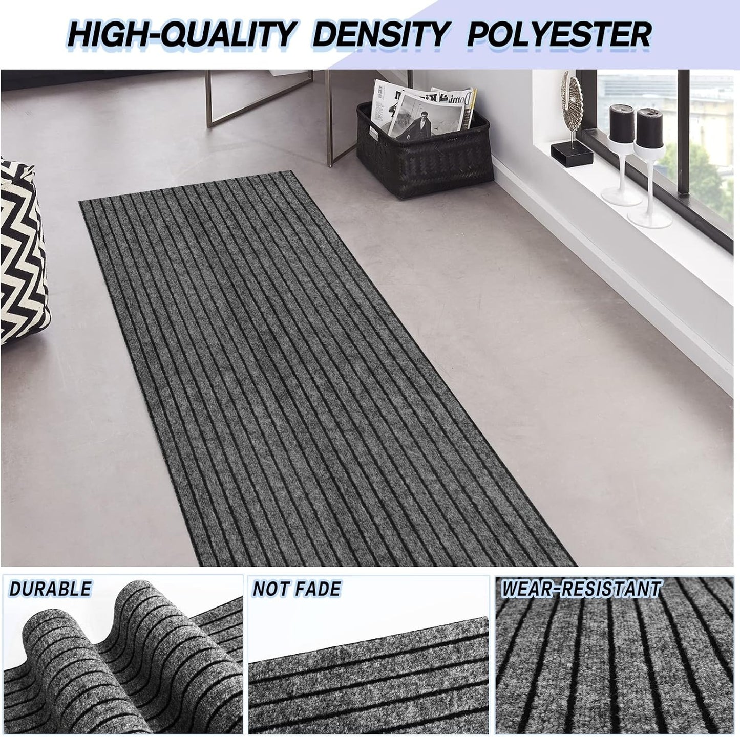 Custom Size Backed Non-Slip Area Rugs Runner, Easy Clean, Waterproof Runner Rugs for Hallway Entryway, Kitchen, Laundry, 4FT x 69FT, Gray Stripe