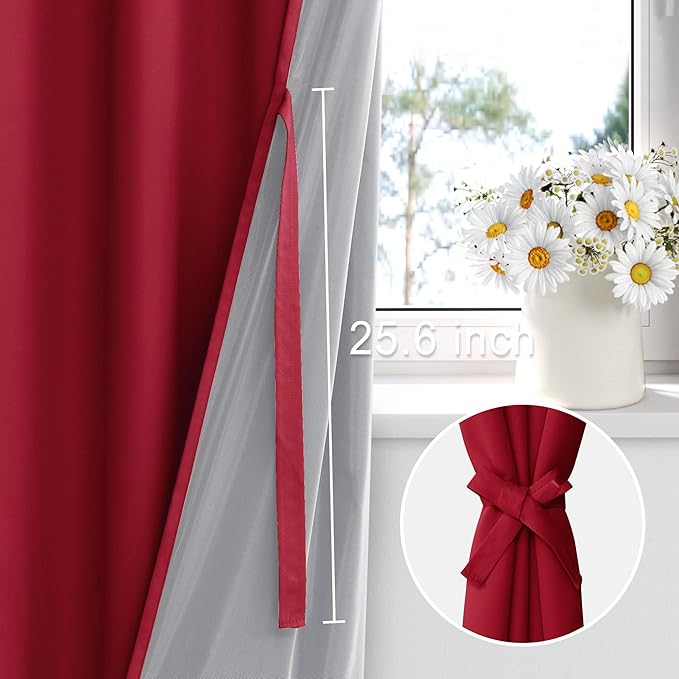 XWZO 100% Blackout Curtains 72 Inches Long - Double Layer Full Room Darkening & Energy Efficiency Grommet Window Panels with Tiebacks, Christmas Red, W38 x L72, Set of 2