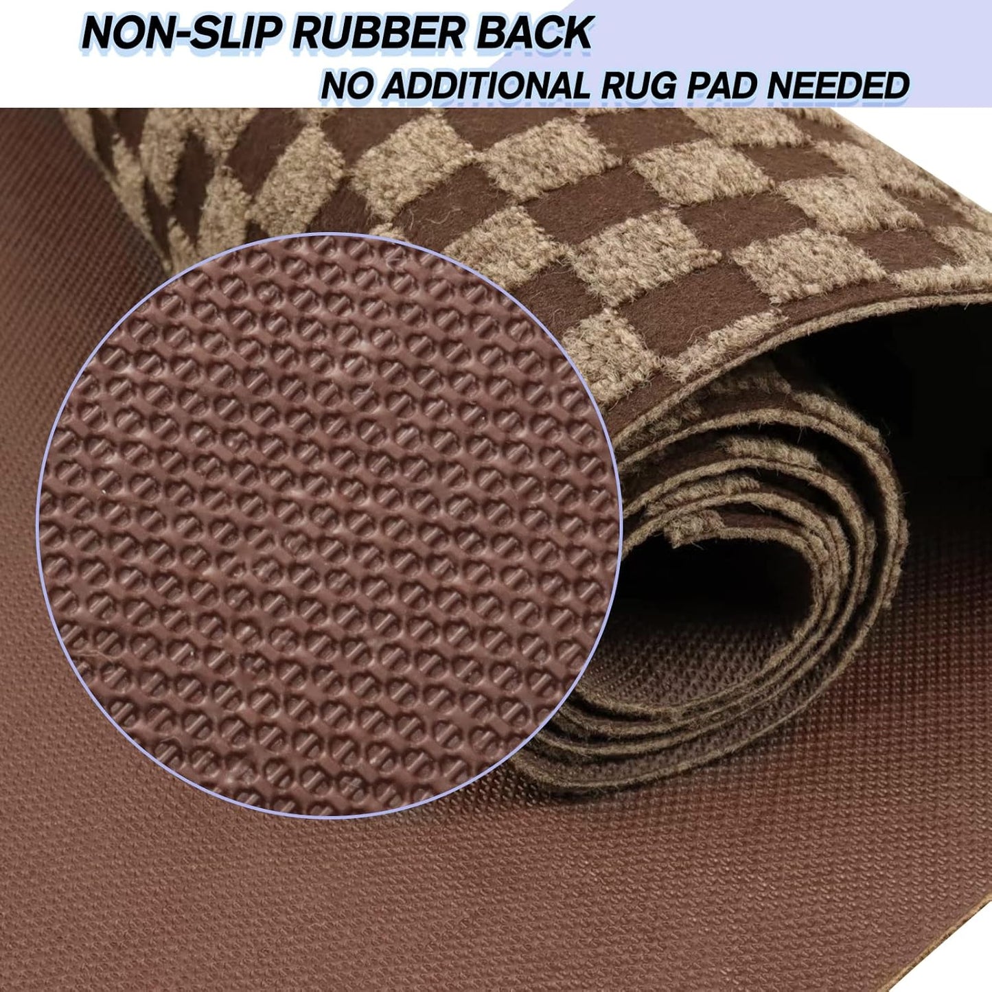 Custom Size Backed Non-Slip Area Rugs Runner, Easy Clean, Waterproof Runner Rugs for Hallway Entryway, Kitchen, Laundry, 4FT x 8FT, Brown Checkered