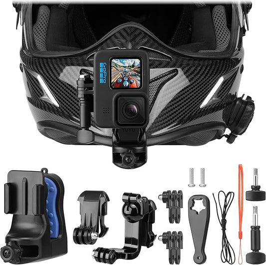 Action Camera Chin Mount for Motorcycle and Dirt Bike Helmet – 360° Rotating POV Bracket with Quick Release Base, Compatible with GoPro Hero 13–5, DJI Action 3/4/5, Insta360 X3, and More