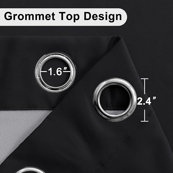 XWZO 100% Blackout Curtains 95 Inches Long with Tiebacks- Privacy Protection & Noise Blocking Window Draperies Grommet Top with Black Liner for Bedroom/Living Room, Black, W52 x L95, Set of 2