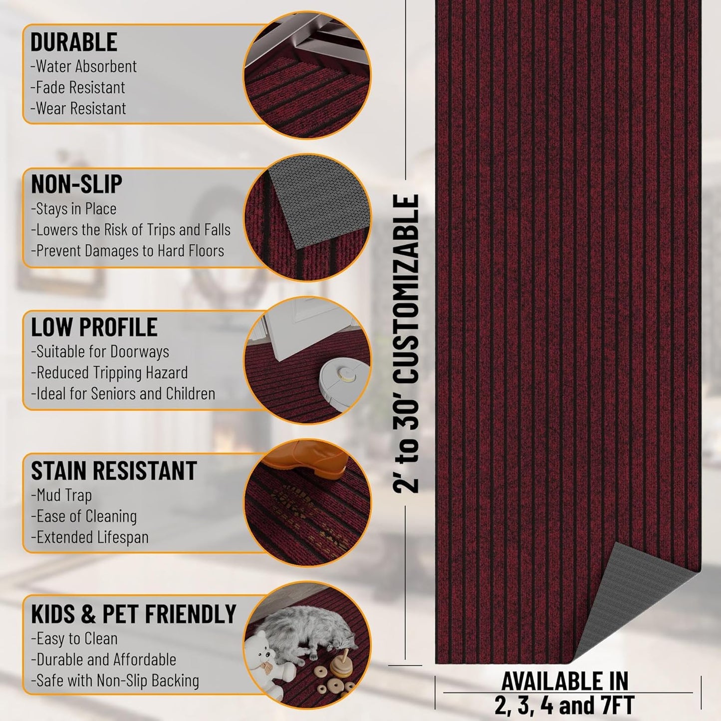 Ottomanson 2' x 14' Hallway Runner with Scraper Pile - Extra Durable Non-Slip Rug Mat for Indoor & Outdoor Use - Ideal for Kitchen, Entryway, Patio & Garage - High-Traffic Carpet, Red