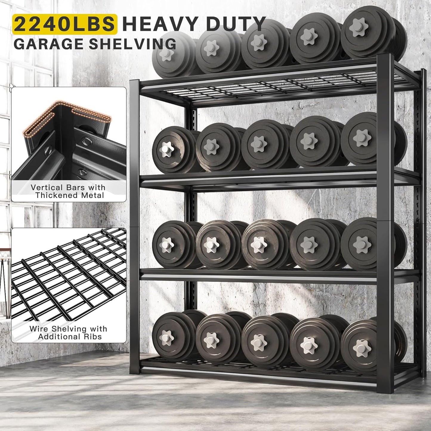 REIBII 40" W Garage Shelving 2240 LBS Storage Shelves Adjustable Heavy Duty Shelving 4 Tier Metal Shelves for Storage 59.5"H Metal Shelf for Pantry Basement Warehouse 40"W × 19.5"D × 59.5"H, 4 Pack