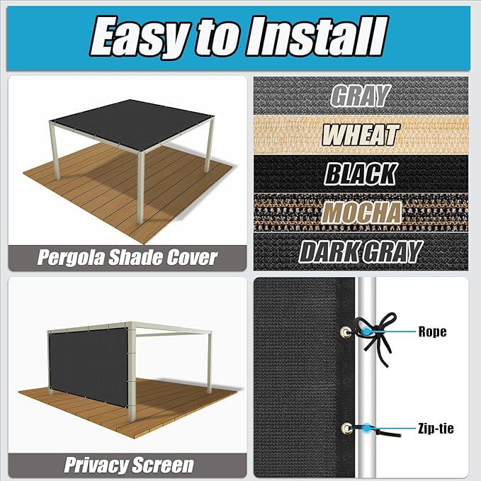 Amagenix 90% Pergola Shade Cover 11'X 14' Dark Gray Sun Shade Cloth with Grommets for Outdoor Garden Patio Porch-Commercial Grade 200 GSM-Cable Zip Ties Included (We Customized)