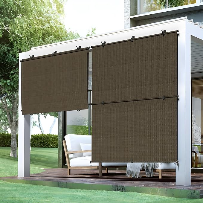 Bynbbur 7'W x 13.5'H Outdoor Patio Shades Foldable Roller Blinds, 220 GSM Sun Shade Roll Up Porch Screens Exterior Shade Cloth for Deck Pergola Backyard, Brown