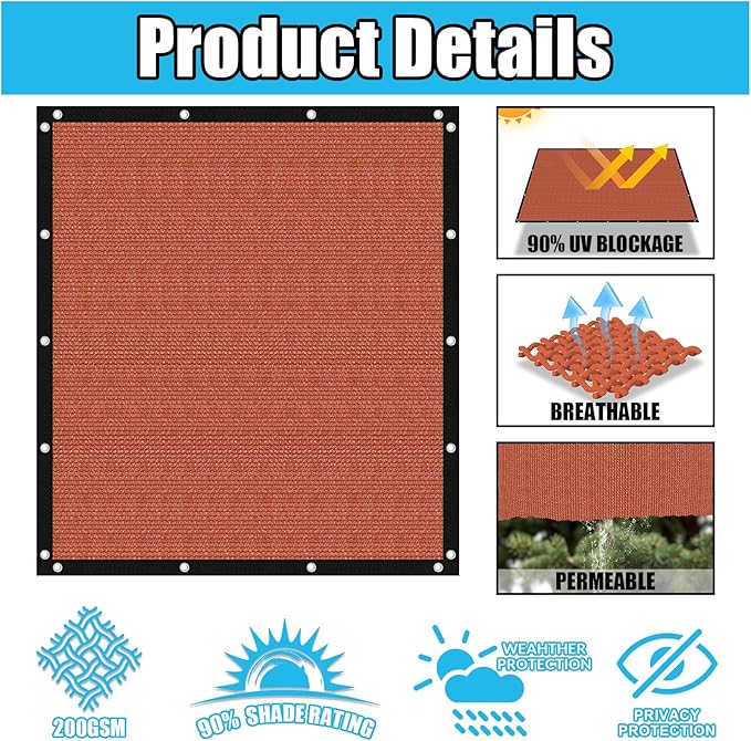 Amagenix 90% Pergola Shade Cover 10' X 14' Sun Shade Cloth with Grommets for Outdoor Garden Patio Porch, Commercial Grade 200 GSM - Cable Zip Ties Included (We Customized) GN108, Rust Red