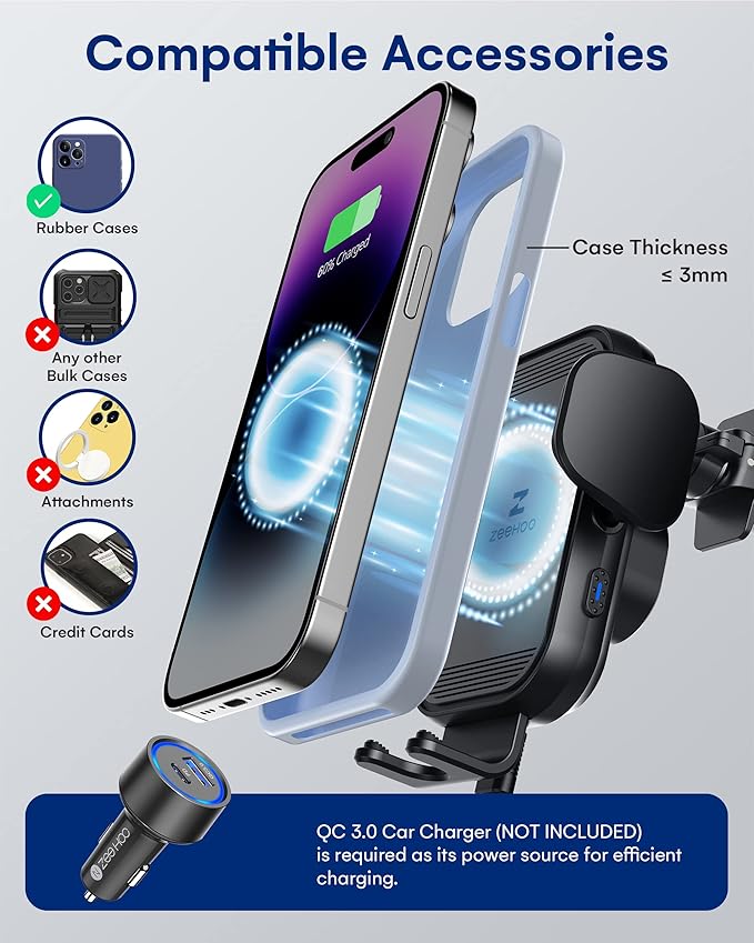 ZeeHoo Wireless Car Charger, 15w Fast Charging, Auto Clamping Car Phone Mount, Cell Phone Holder Charger, for iphone17 16 15 14 13 12 11 Pro Max Xs, Etc. (Black)