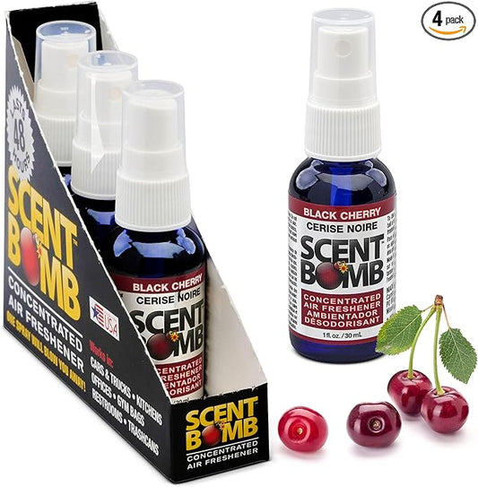Scent Bomb Air Freshener Spray, Long-Lasting Odor Eliminator - Effective Deodorizer for Home & Car, Fresh Room Spray for Kitchen, Bathroom & Smell Neutralizer - 1 oz Pack of 4, Black Cherry Scent
