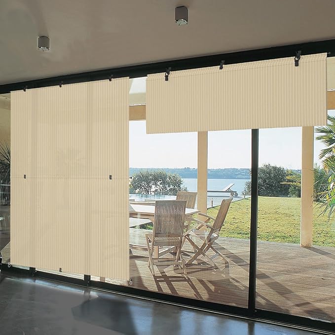 Bynbbur 8'W x 13'H Outdoor Patio Shades Foldable Roller Blinds, 220 GSM Sun Shade Roll Up Porch Screens Exterior Shade Cloth for Deck Pergola Backyard, Beige