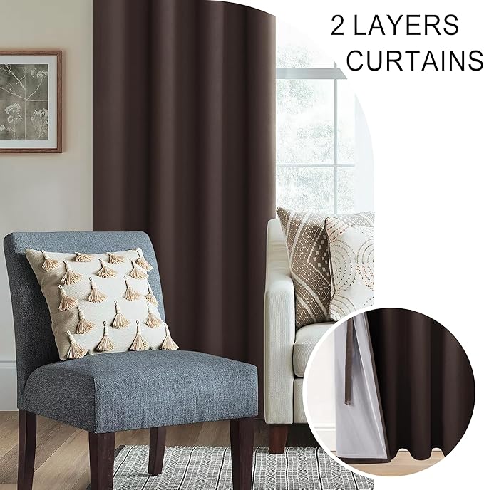 XWZO 100% Blackout Curtains with Tiebacks- Heat and Full Light Blocking Window Panels with Grommets & Thermal Insulated Draperies for Large Window, Brown, W70 x L84, Set of 2