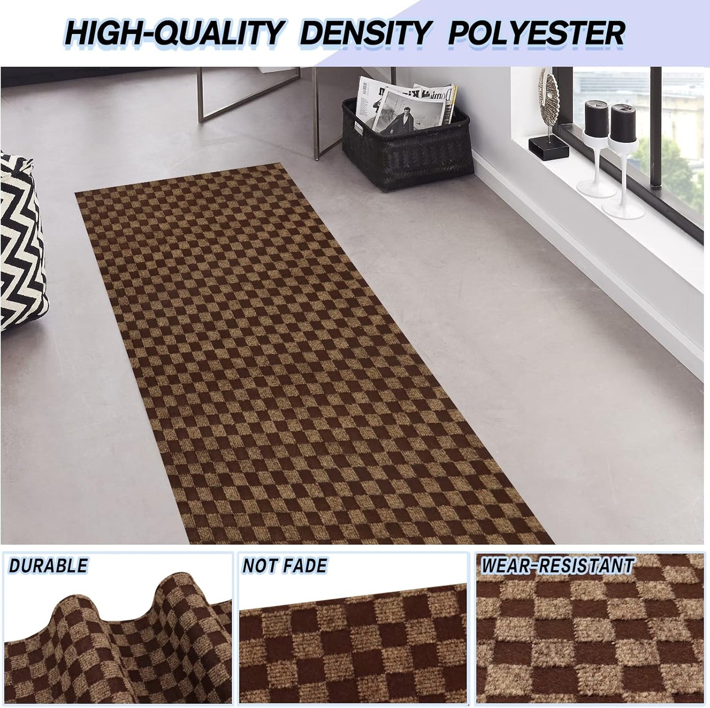 Custom Size Backed Non-Slip Area Rugs Runner, Easy Clean, Waterproof Runner Rugs for Hallway Entryway, Kitchen, Laundry, 2FT x 70FT, Brown Checkered