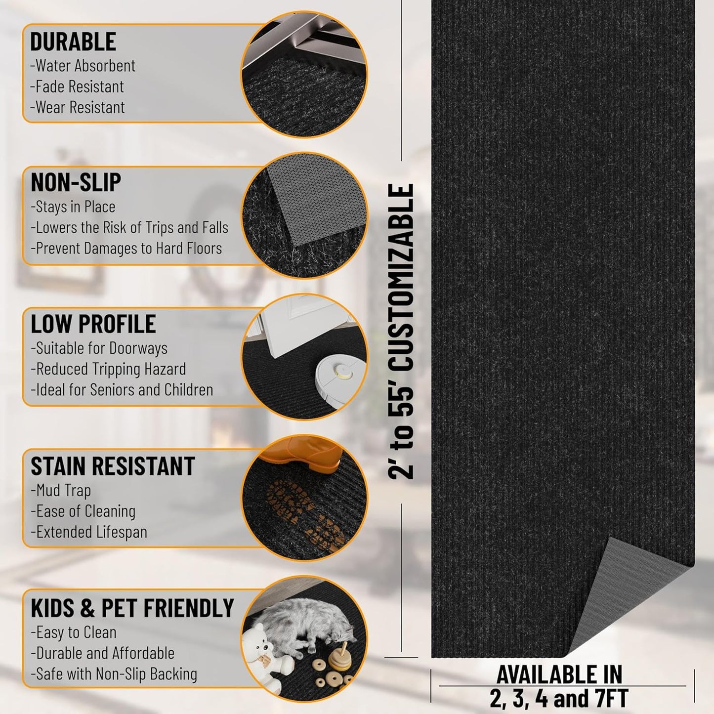 Ottomanson 2'7" x 7' Hallway Runner with Scraper Pile - Extra Durable Non-Slip Rug Mat for Indoor & Outdoor Use - Ideal for Kitchen, Entryway & Garage - High-Traffic Carpet, Black