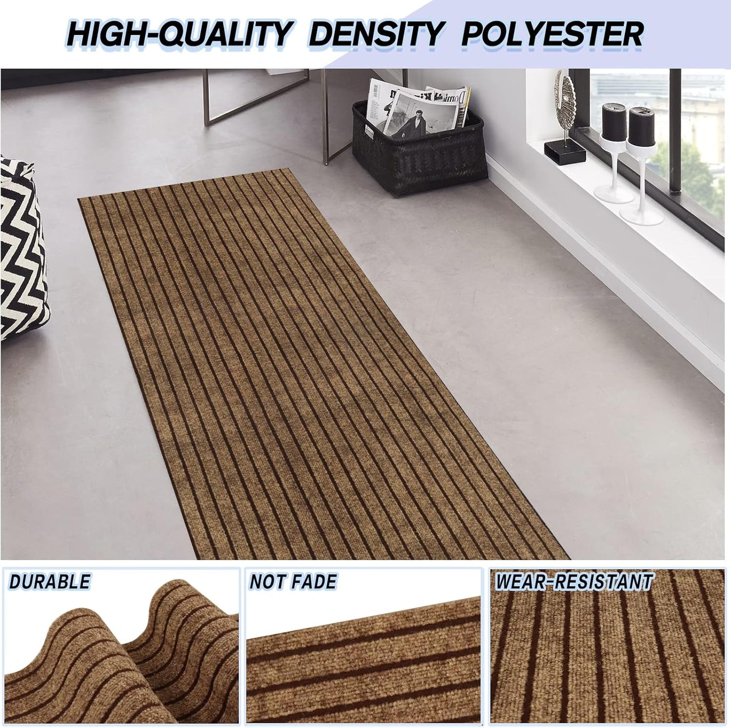 Custom Size Backed Non-Slip Area Rugs Runner, Easy Clean, Waterproof Runner Rugs for Hallway Entryway, Kitchen, Laundry, 3FT x 6FT, Brown Stripe